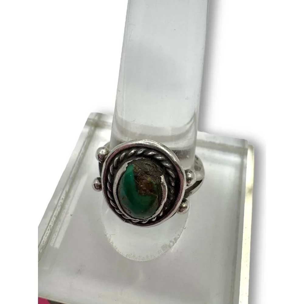 Green Turquoise Native American Sterling Silver Ring Hand Crafted Size 7 - Picture 3 of 11